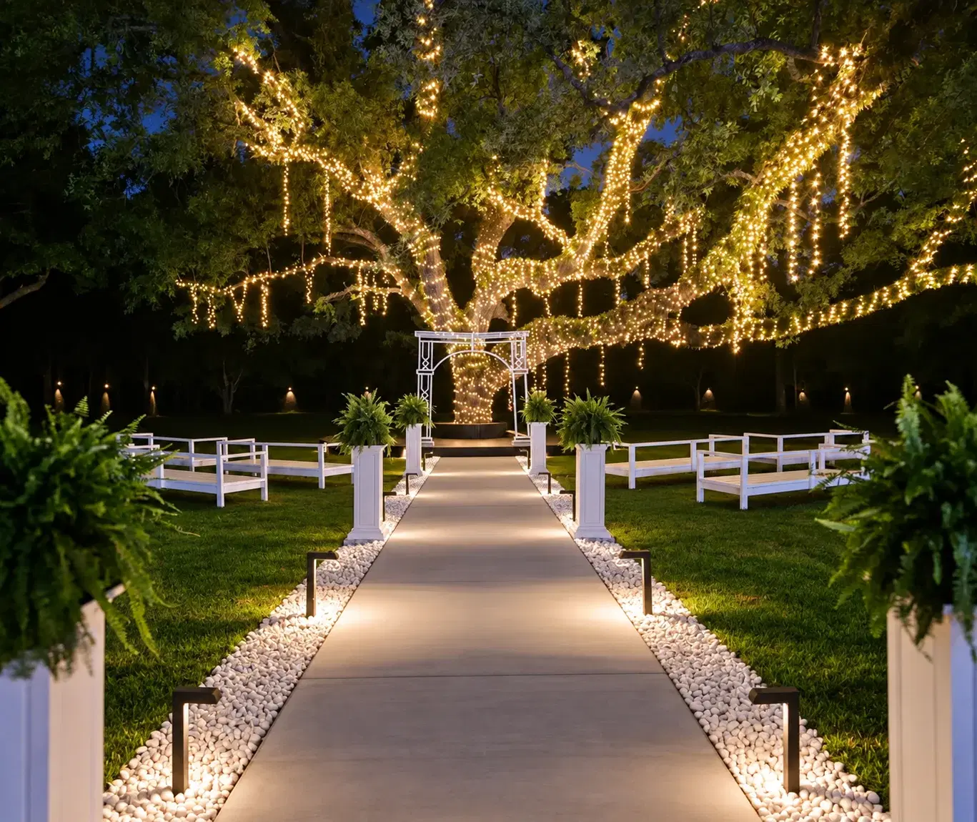 Illuminated ceremony walkway and oak tree at night