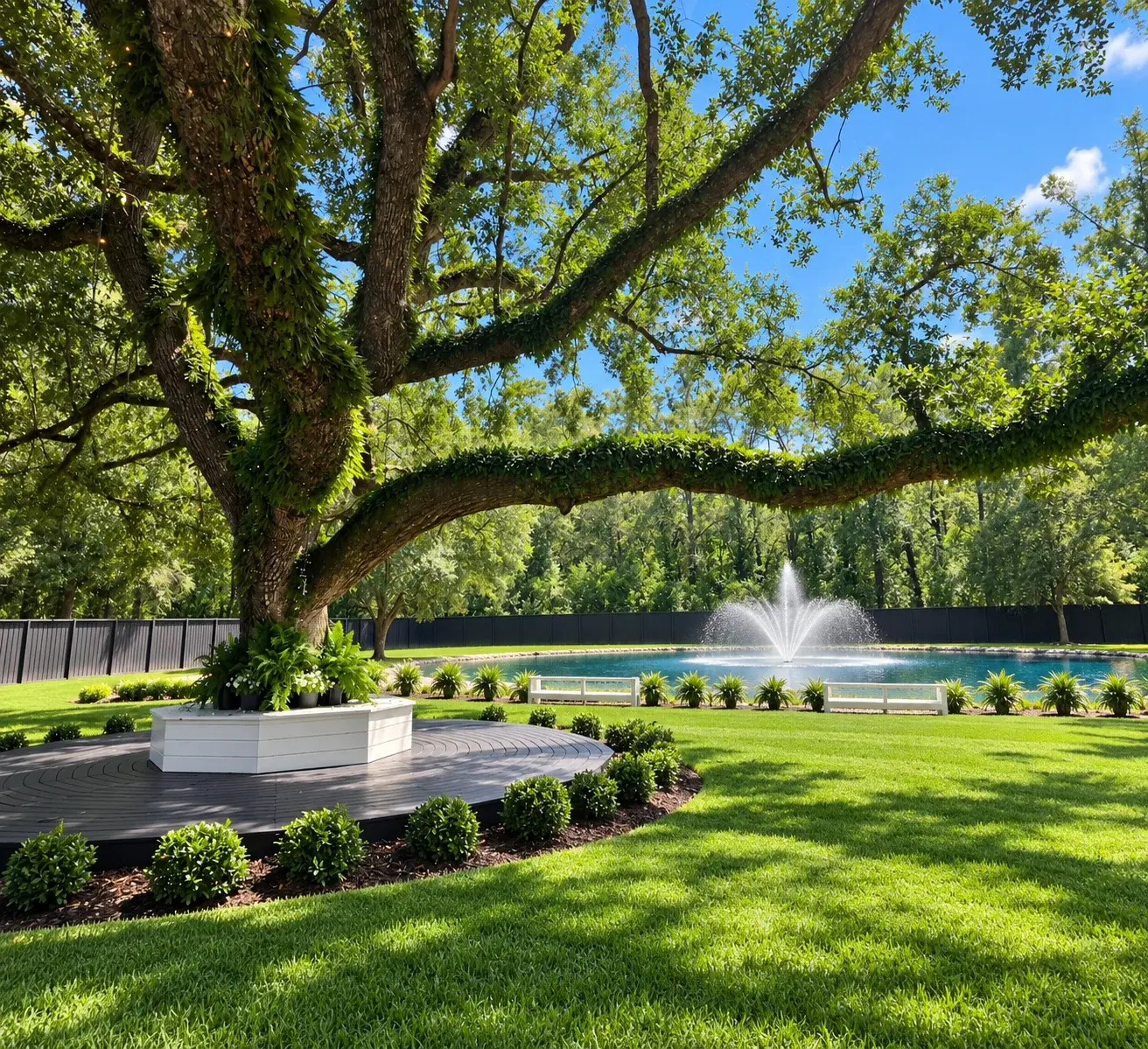 Pond fountain and gardens beneath a grand oak tree