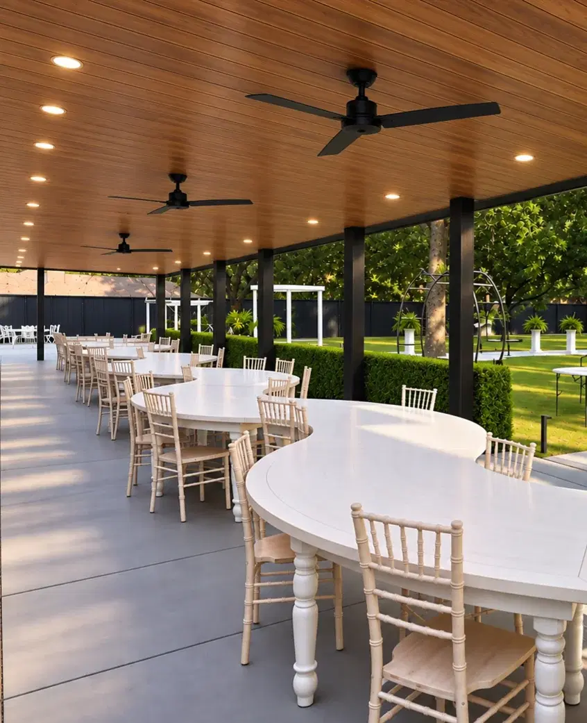 New covered reception pavilion with tables, chairs, and ceiling fans